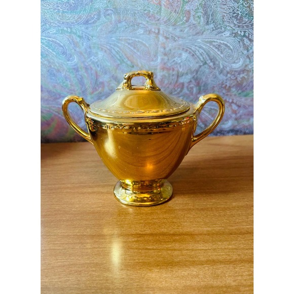 Homer Laughlin Georgian eggshell 22K gold lidded sugar creamer an dessert plate - Picture 7 of 10